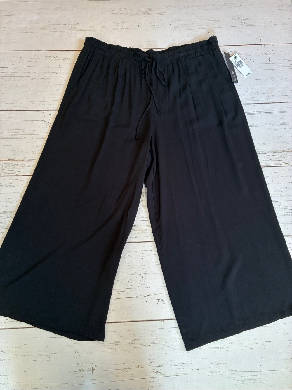 Apt. 9 Black Rayon Wide-Leg Drawstring Waist Palazzo Pants, size L, NWT